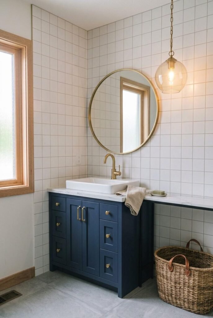 30 Bathroom Vanity Ideas: Single Sink for Small, Medium, and Large Spaces 11 Navy blue single sink bathroom vanity with brass faucet and linen towel