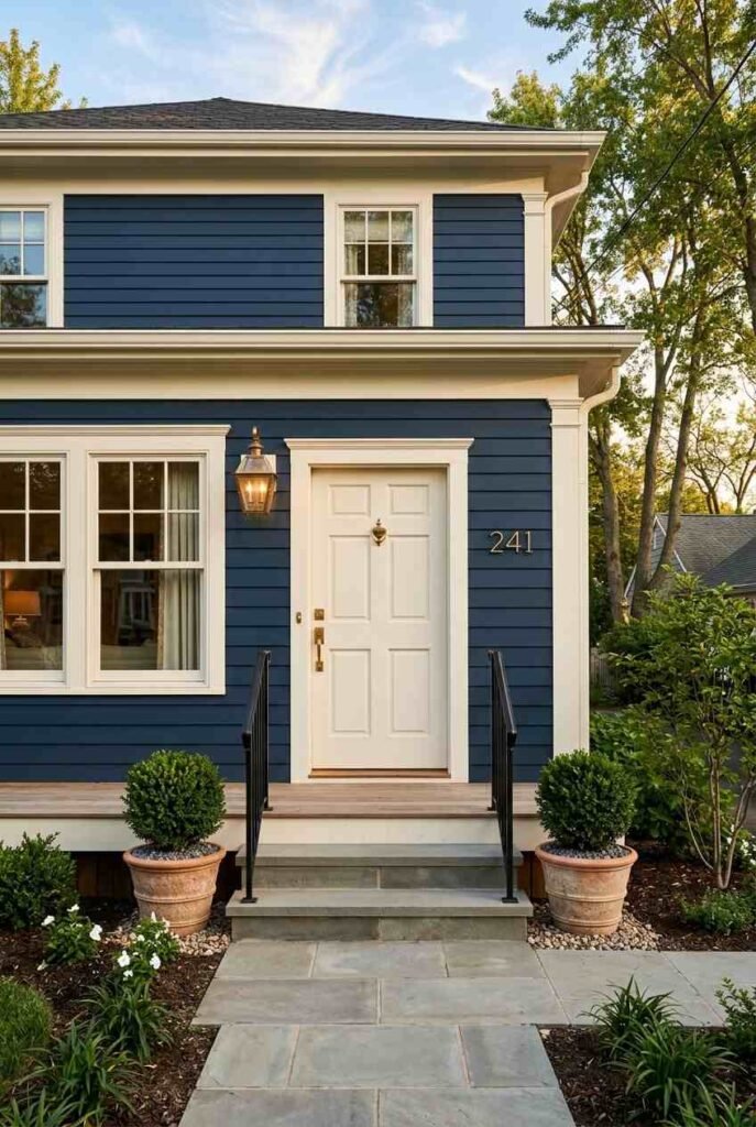 Navy blue house with warm white trim, brass lanterns, and brass house numbers