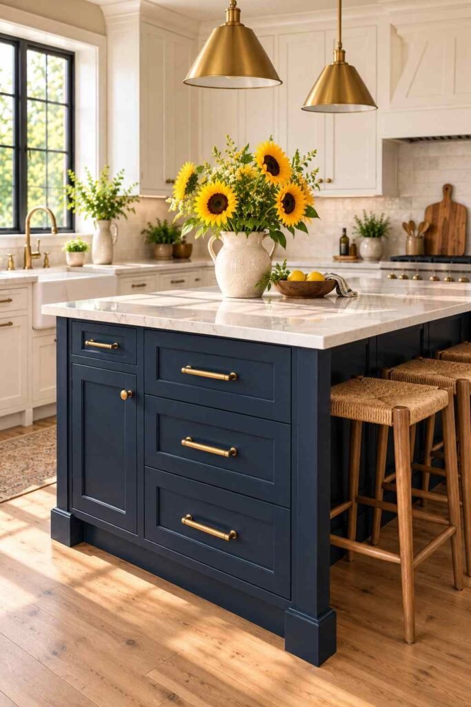 30 Sunflower Kitchen Decor Ideas Modern: From Wall Art to Backsplash Tile 16 Navy kitchen island with a vase of sunflowers and brass hardware.