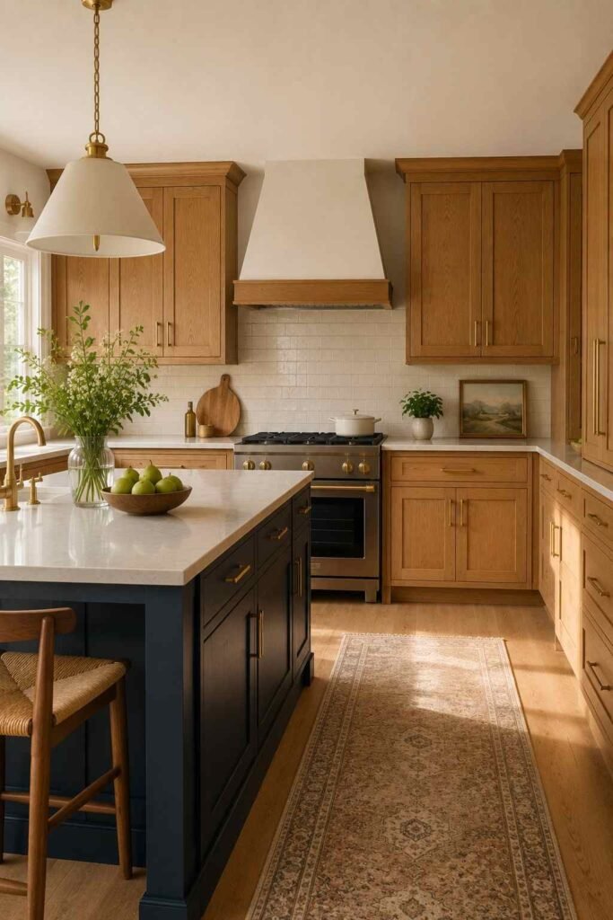 Navy blue kitchen island beside warm oak wood cabinets with brass pulls