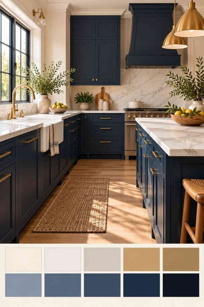 Navy kitchen cabinets with white marble counters and brass hardware, with a ten-swatch color strip below.