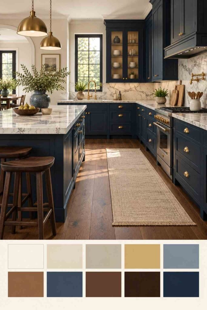 Navy kitchen cabinets with walnut floors, cream walls, and brass hardware, with a color palette swatch strip below