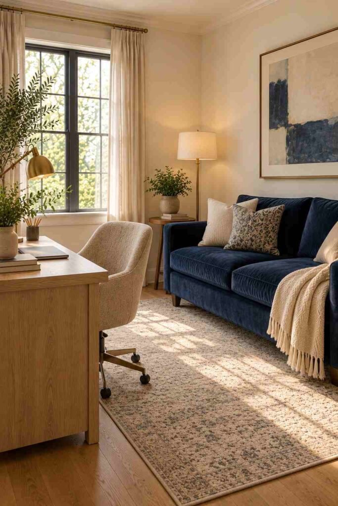 Navy sofa against light walls in a bright home office with an oak desk