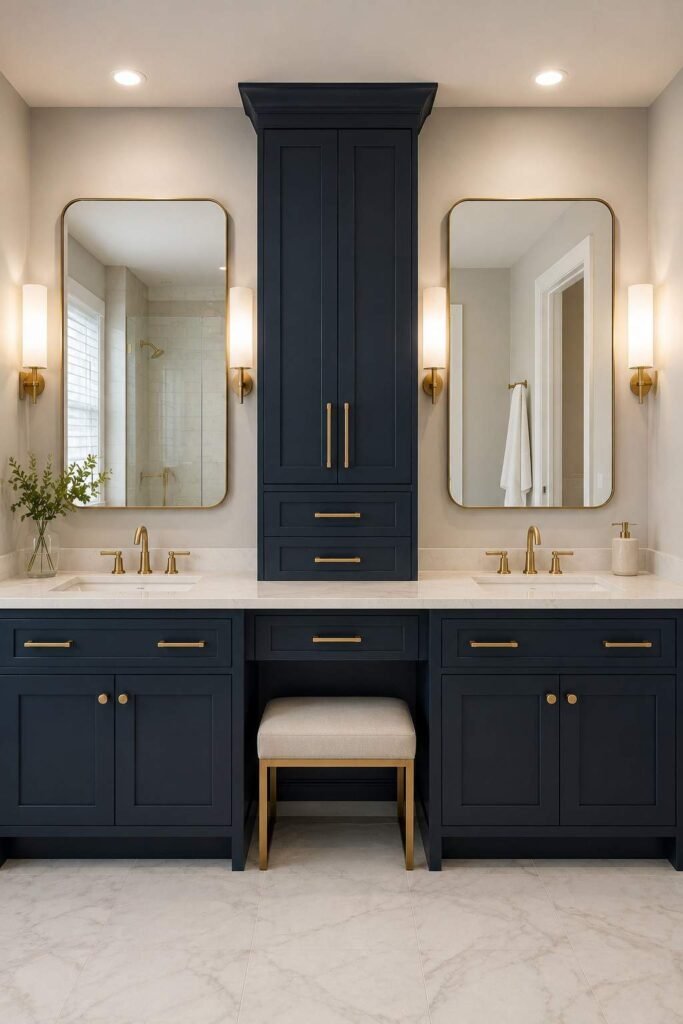 30 Bathroom Vanity Ideas For Double Sink Layouts for Every Style and Budget 18 Navy two-tone double vanity in an aesthetic bathroom with brushed gold faucets.