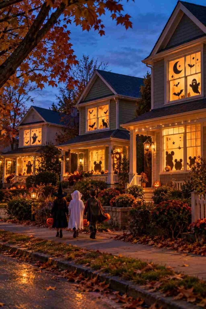 Row of houses with glowing Disney-inspired Halloween window displays at dusk.