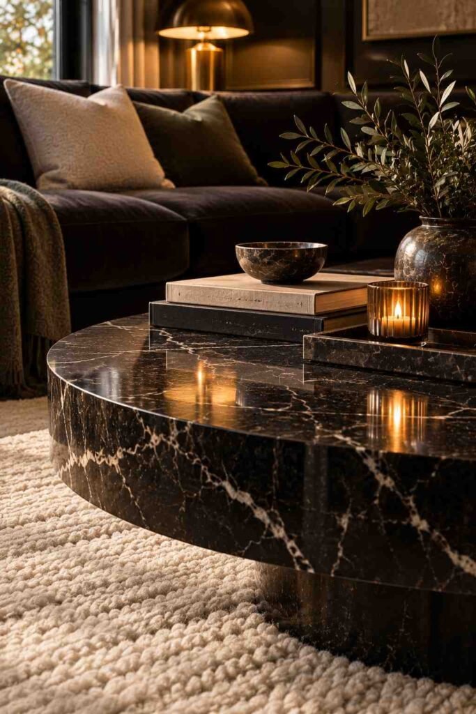 Black marble coffee table with white veining in a dark modern living room
