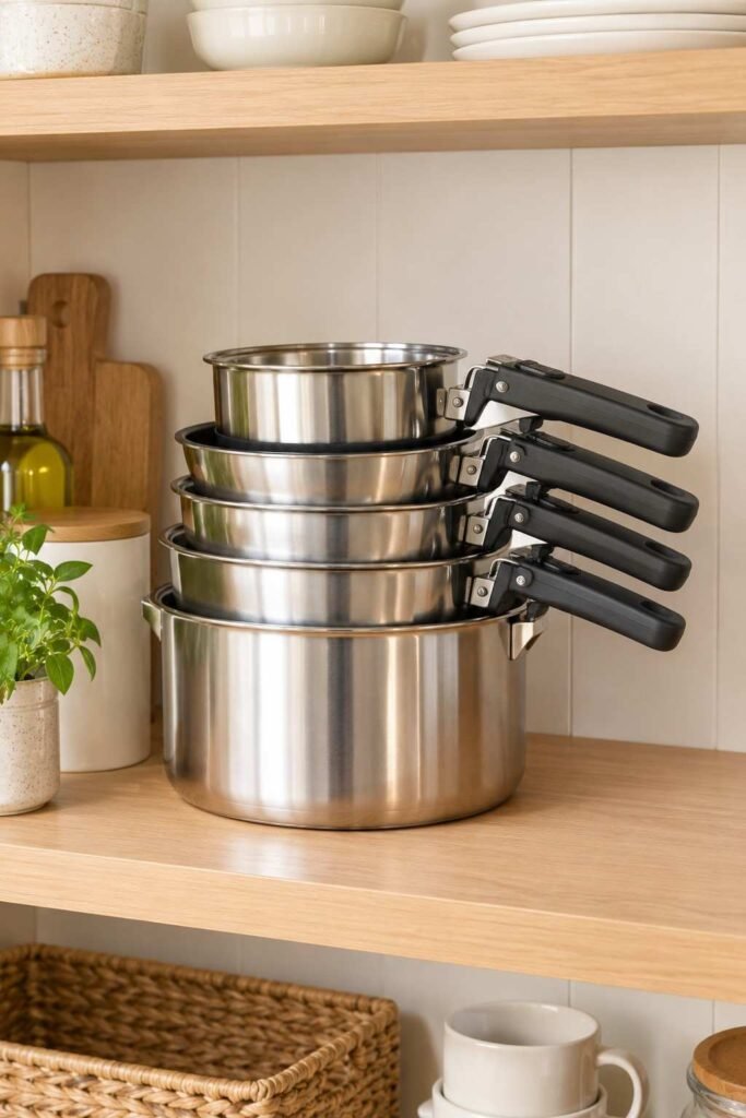 Nested stainless pots with removable handles stacked on a small kitchen shelf