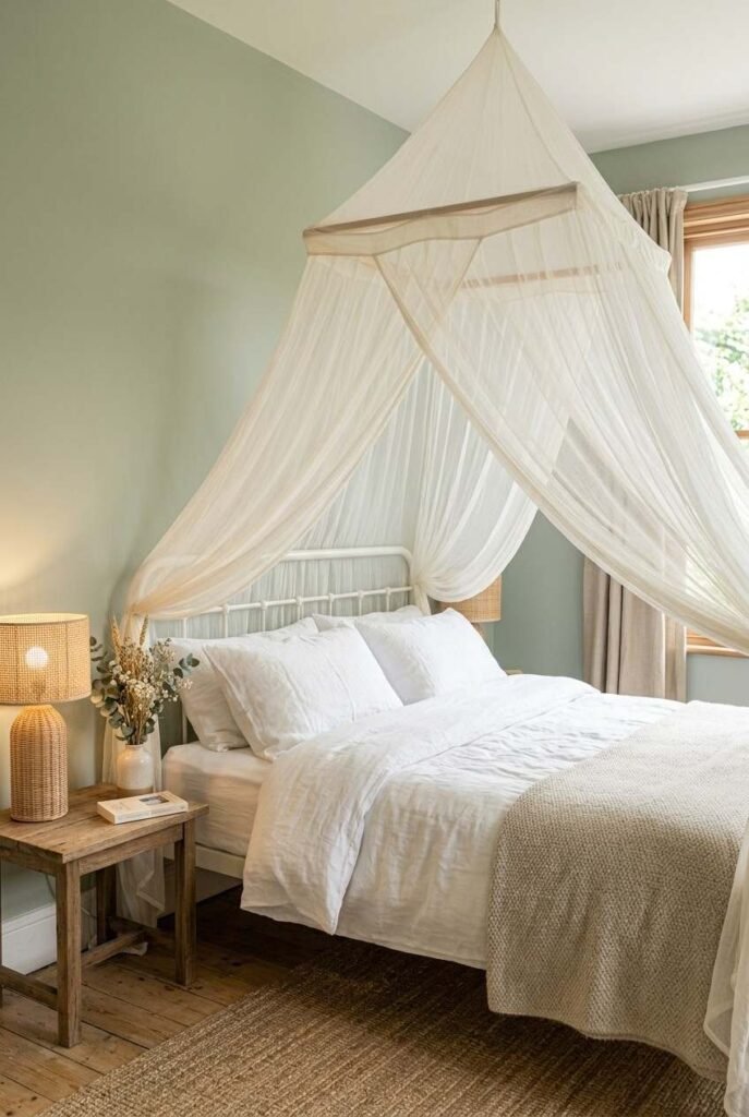 Ivory netting canopy over a white bed in a pale sage green bedroom.