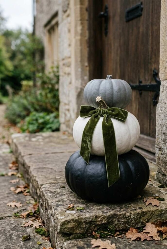 28 Classy Halloween Decor Ideas: Moody, Grown-Up for an Elegant, Stylish Home 3 Trio of black, white and gray pumpkins on stone steps for classy Halloween porch decor