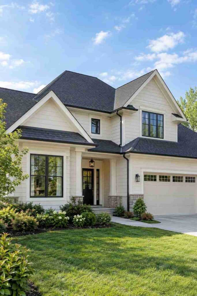 Home with new charcoal architectural shingle roof and cream siding