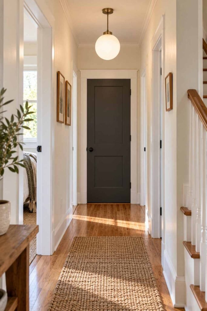 New pendant light and a freshly painted charcoal interior door in a hallway.