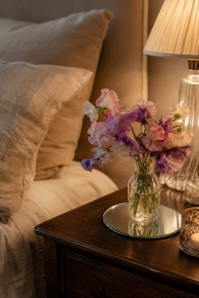 27 Chic Mirror Table Decor with Fresh Flowers Ideas for Home, Weddings, and Parties 15 Mini sweet pea posy in a tiny vase on a mirrored coaster on a bedside nightstand