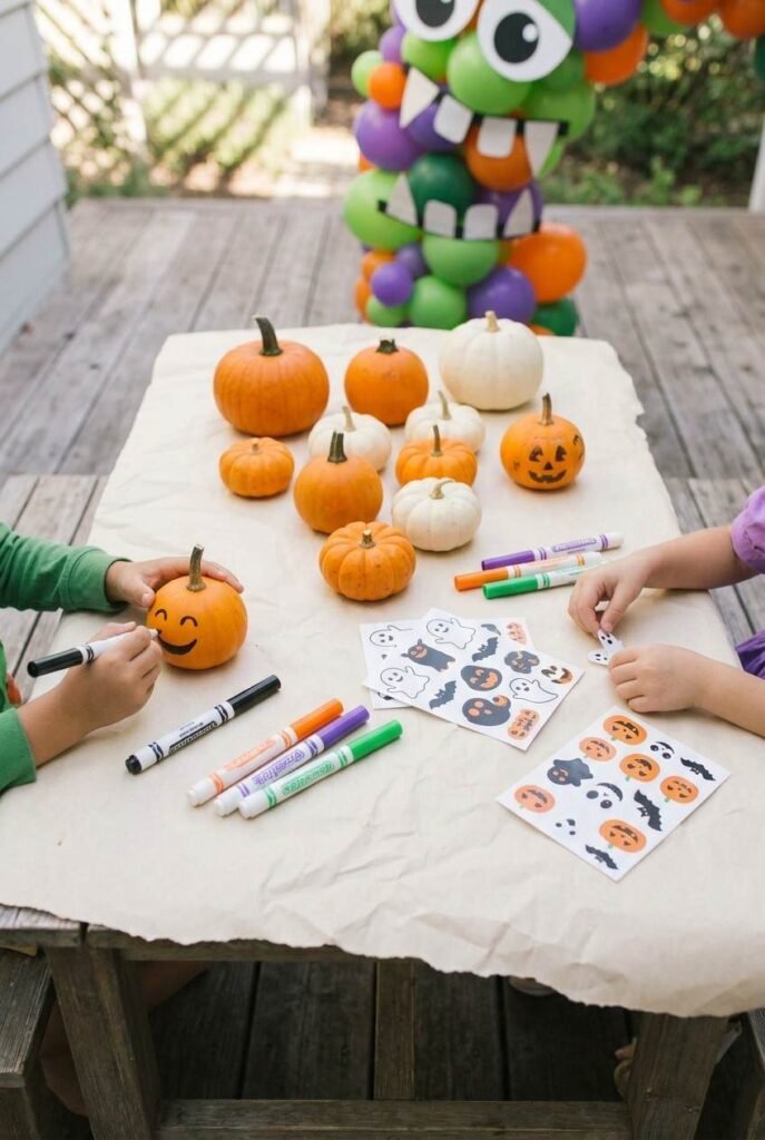 Kids decorating small pumpkins with stickers and washable markers at an outdoor Halloween party table.