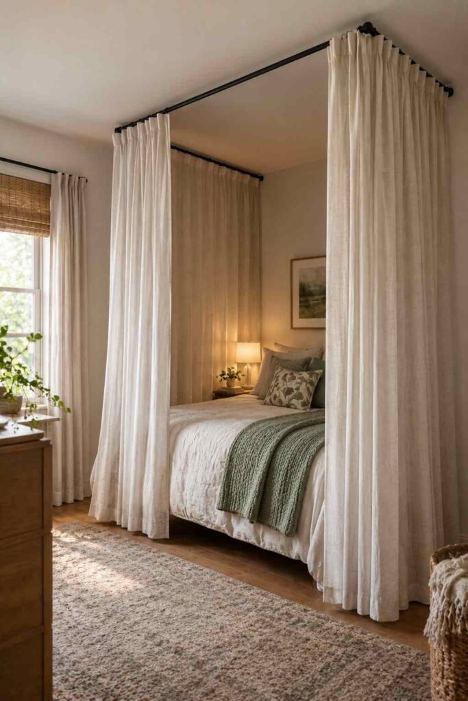 No-drill tension rod canopy with curtain panels around a child's bed.