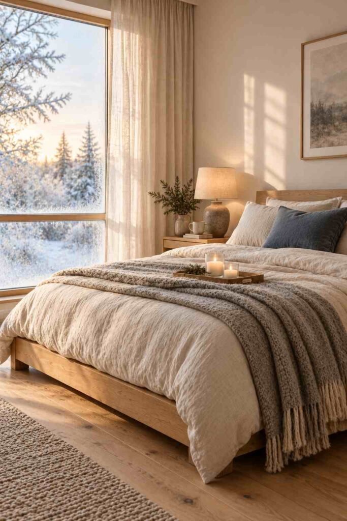 Cozy Nordic bedroom with wool blankets and candles in soft winter morning light