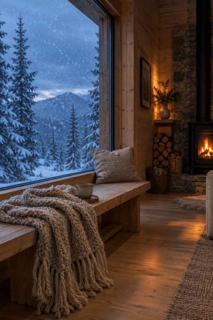 27 Scandinavian Mountain Interior Design Ideas: Ways to Create a Warm Nordic Cabin 2 Cozy Nordic cabin interior with a snowy window, wool throw on a bench and soft stove glow