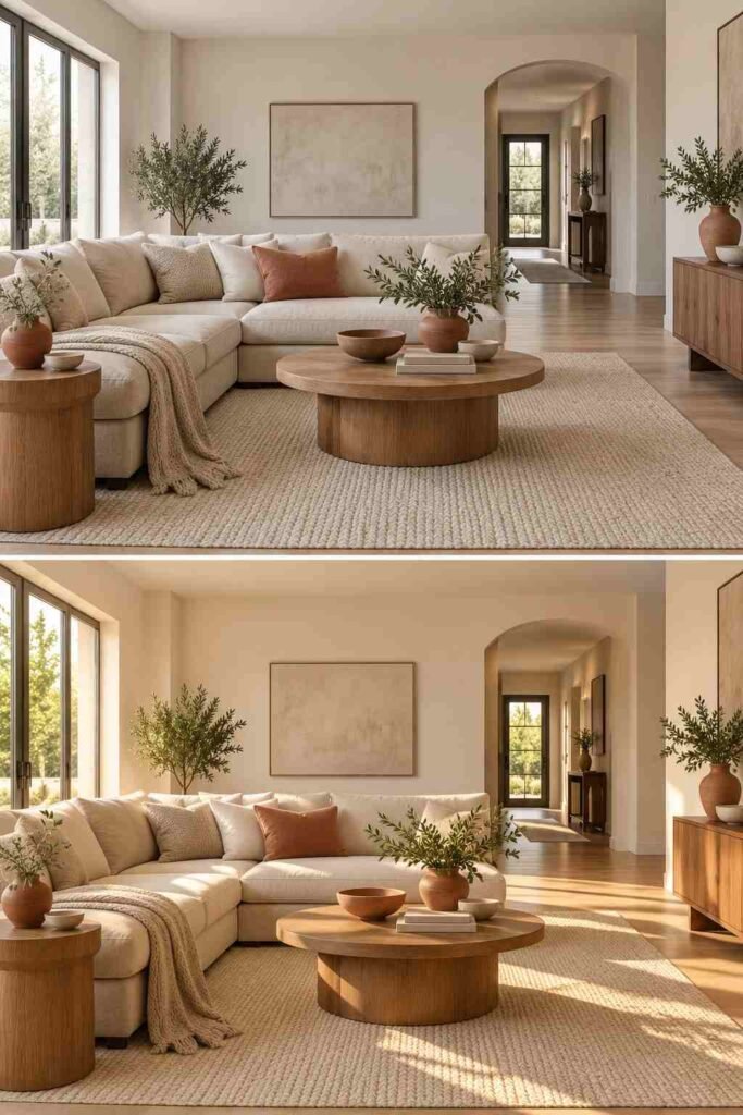 Same greige living room shown in cool north light and warm south light to compare paint color