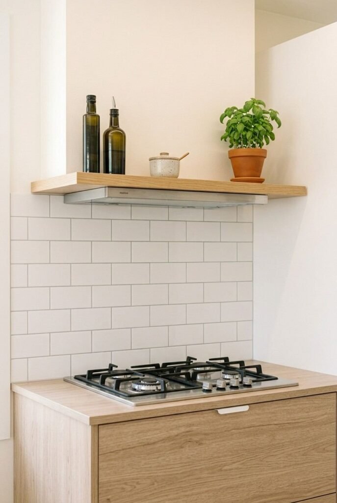 Single oak shelf mounted above a stove with oil bottles, salt, and a small plant