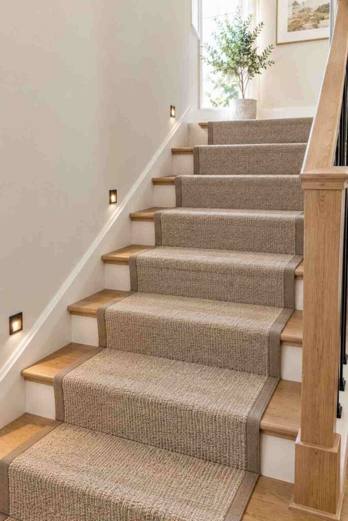 Refinished oak stair treads with a narrow runner and soft LED step lighting