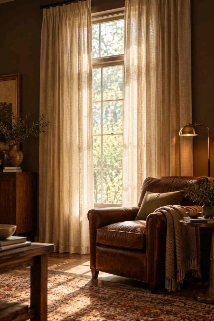 Oatmeal linen curtains framing a window against dark brown living room walls.