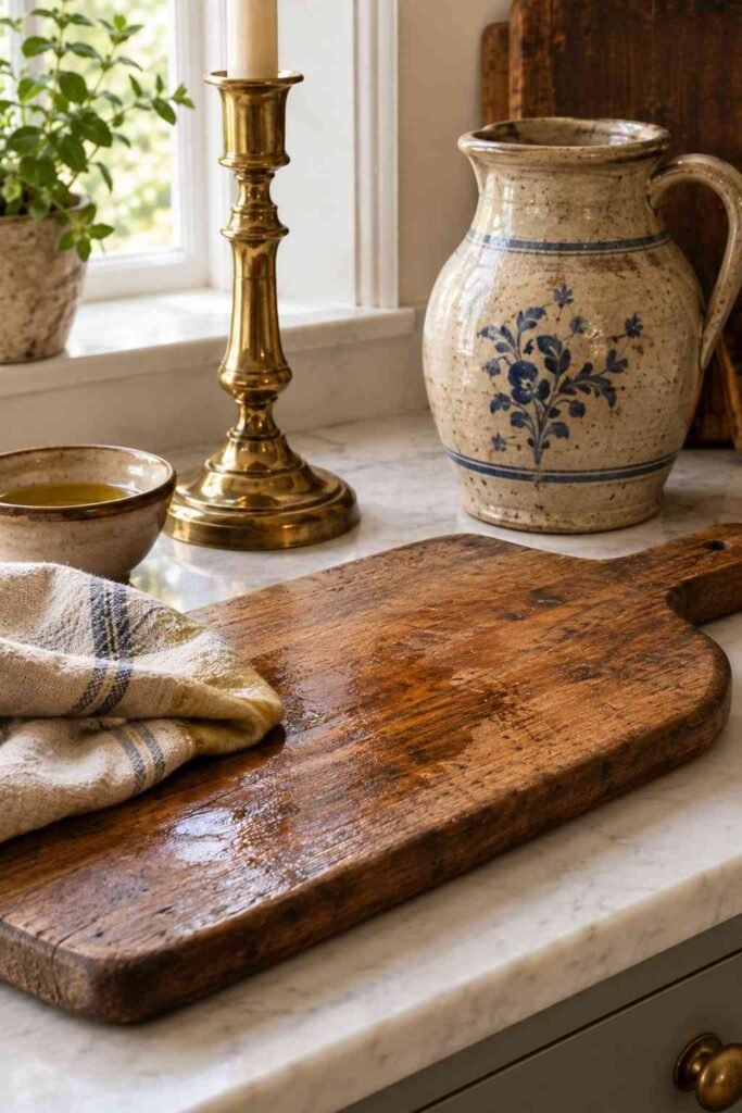Applying food-safe oil to an antique wooden board with brass and stoneware nearby