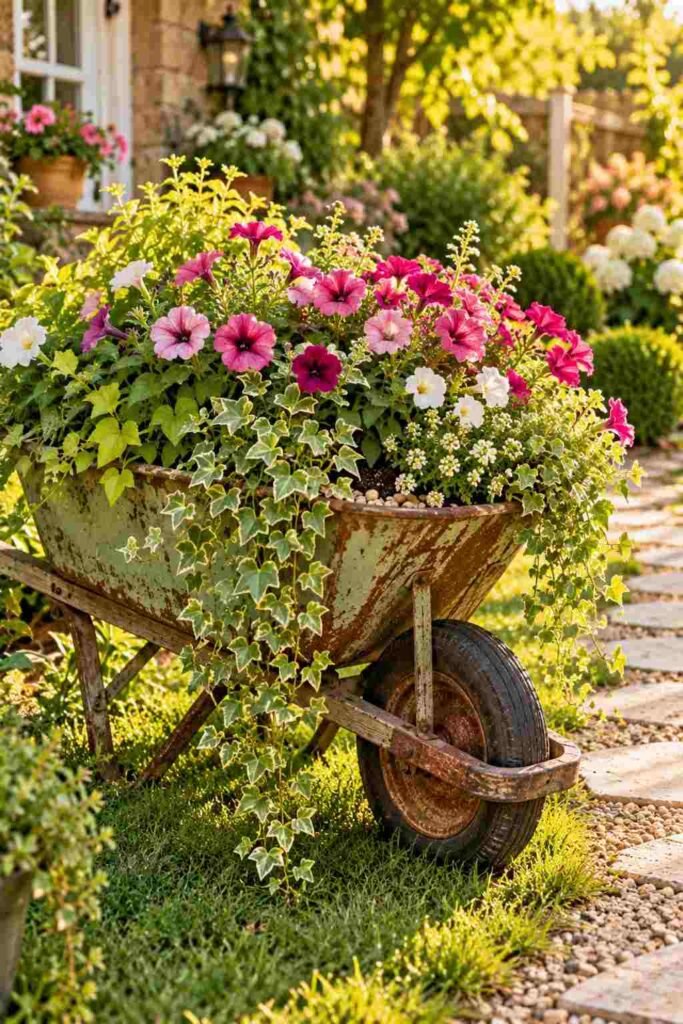28 Budget-Friendly Outdoor Decorations DIY Garden Projects for Every Season 8 Rustic wheelbarrow planted with petunias and trailing ivy as a movable flower bed