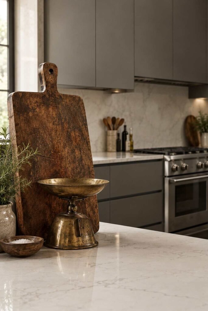Antique wooden board and brass scale on a white quartz counter in a modern kitchen