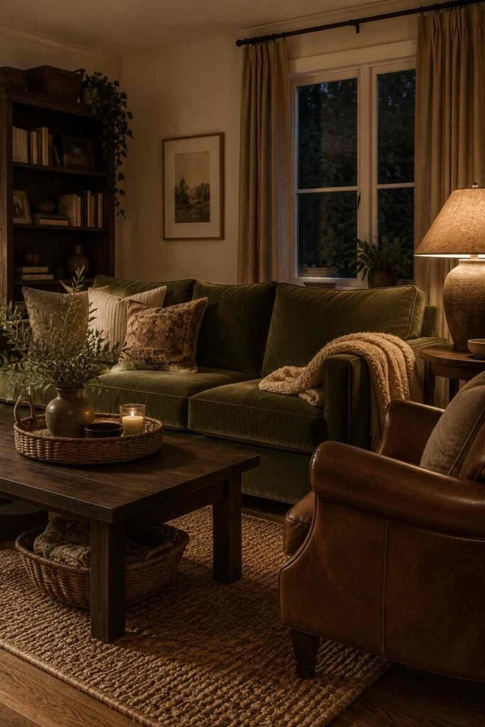 26 Glam Green Velvet Couch Living Room Design Ideas: Emerald, Sage and Olive 4 Olive green velvet sofa with tan leather chair and wood table in a warm evening living room