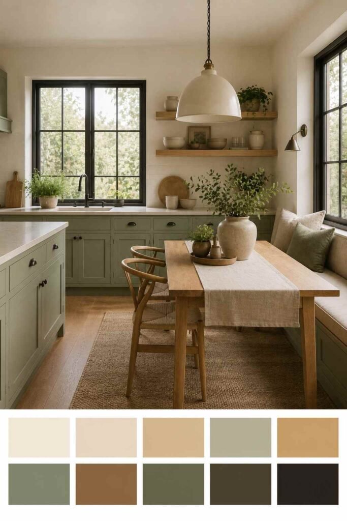 Olive and sage kitchen with cream walls and blonde wood, with a 10-color earthy swatch strip below
