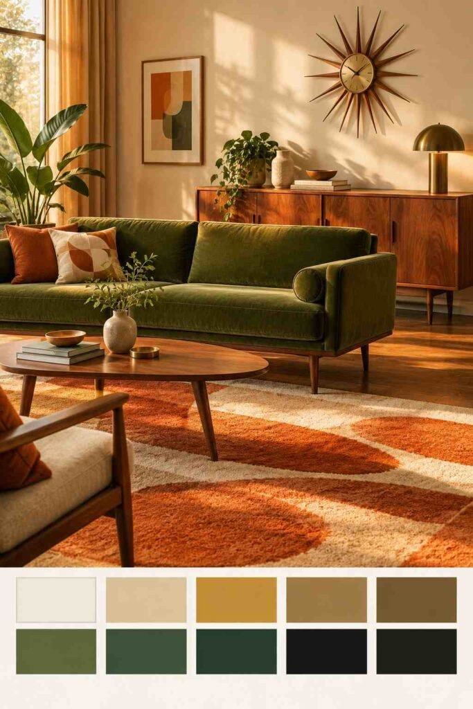 26 Glam Green Velvet Couch Living Room Design Ideas: Emerald, Sage and Olive 19 Olive velvet sofa with walnut legs in a mid-century modern living room with a sunburst clock