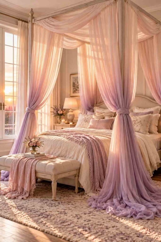 Ombré chiffon canopy fading from blush pink to lavender over a bed
