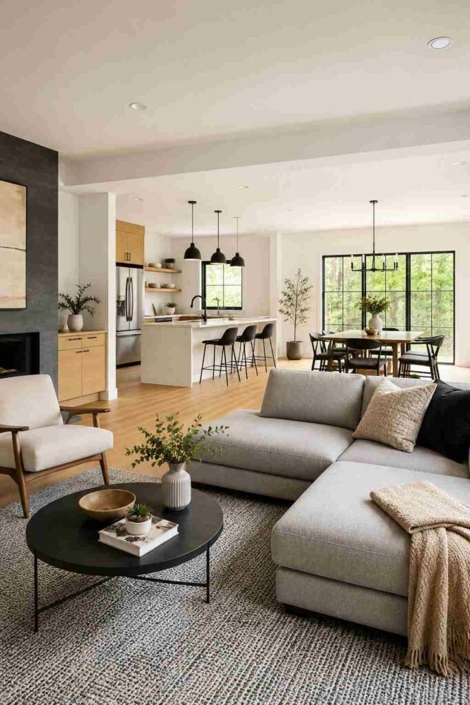 25 Stunning Home Remodeling Living Room Ideas to Refresh Your Space 2 Open-concept living room connected to kitchen after wall removal with a structural beam overhead.