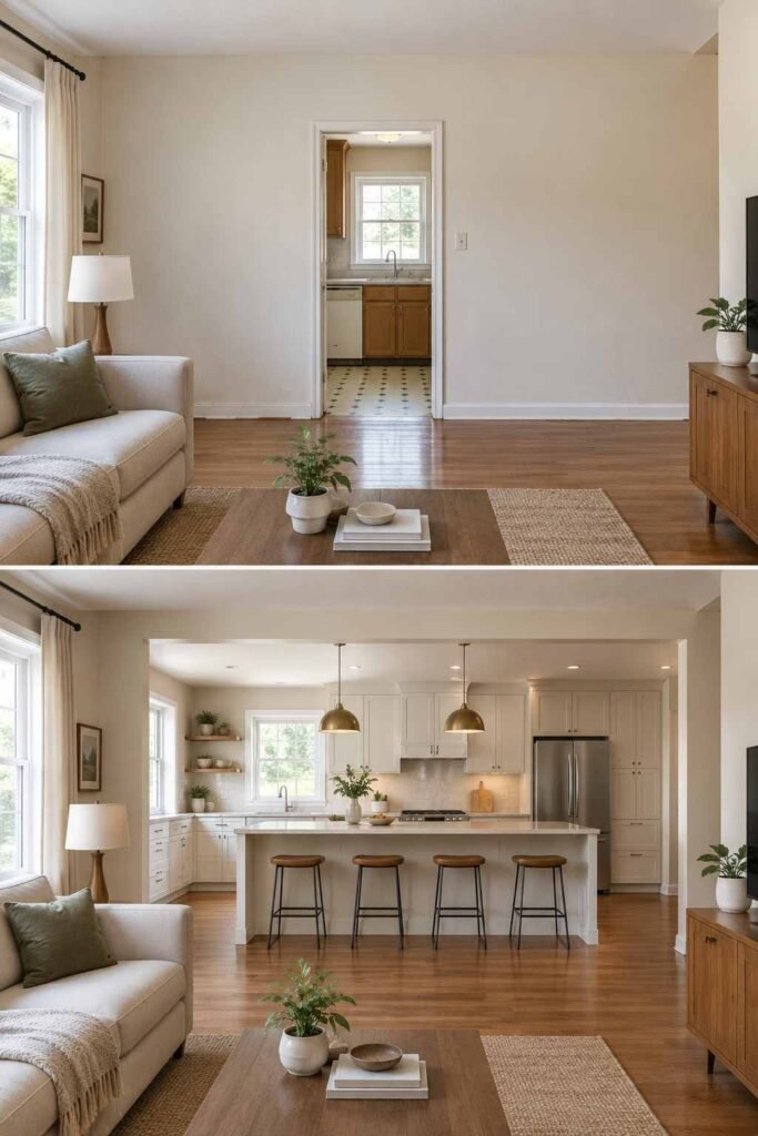 Home Remodeling Before and After: 28 Room-by-Room Transformations 9 Home remodeling before and after removing a wall to open the kitchen into the living room.