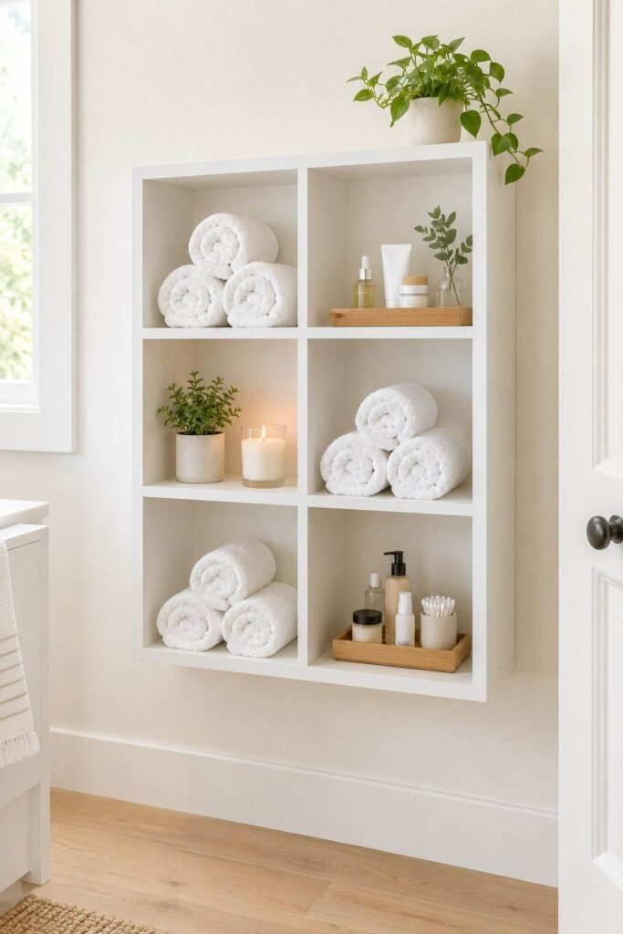 White open-front cubby wall cabinet holding towels, skincare trays and a candle in a bathroom