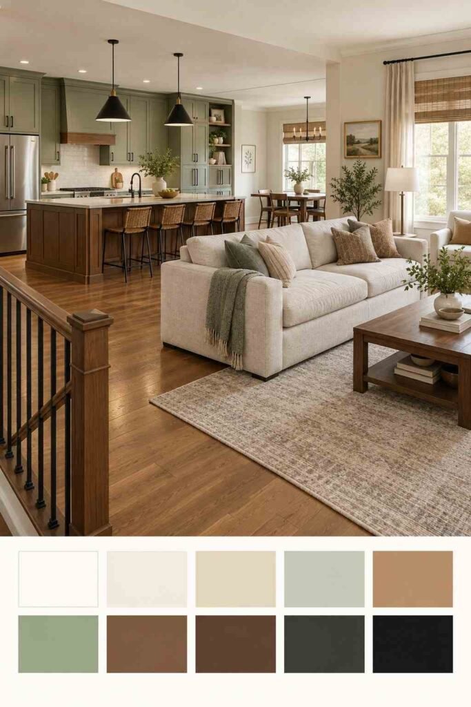 Open kitchen and living room in a remodeled split foyer home with sage cabinets, with a color palette swatch strip at the bottom
