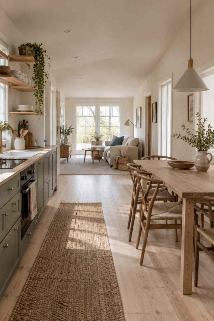 Open-plan Scandinavian shed house interior with rugs defining kitchen and living zones.