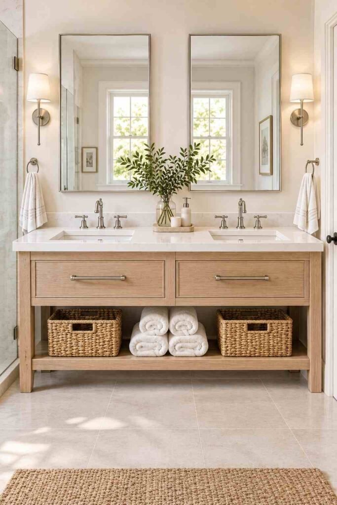 30 Bathroom Vanity Ideas For Double Sink Layouts for Every Style and Budget 13 Open shelf double vanity with woven baskets and rolled towels for storage.