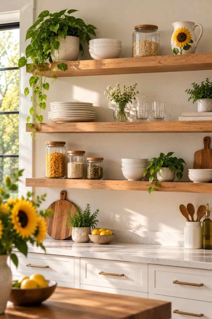 30 Sunflower Kitchen Decor Ideas Modern: From Wall Art to Backsplash Tile 18 Open oak kitchen shelves with white dishes, glass jars, and a sunflower ceramic piece.