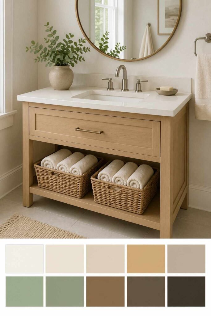 27 Bathroom Storage Ideas For Towels That Fit Into Tiny Powder Rooms to Primary Baths 14 Wood vanity with an open shelf and baskets of rolled towels, with a ten-color palette strip of creams, wood tones, taupes, and sage below.