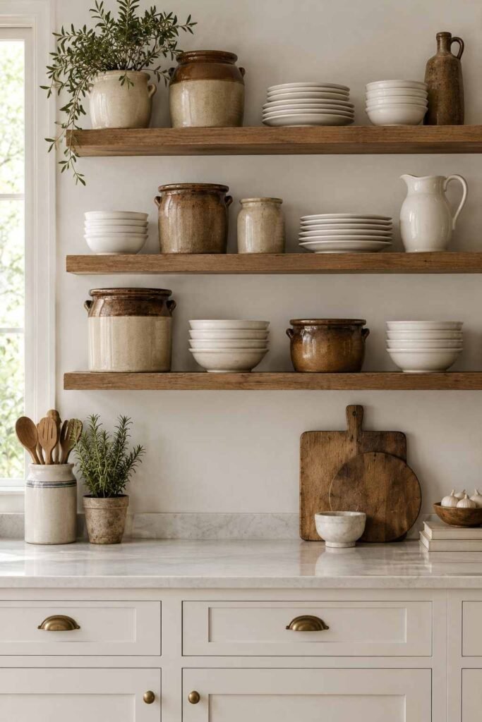 Open shelves with antique stoneware crocks and modern white plates