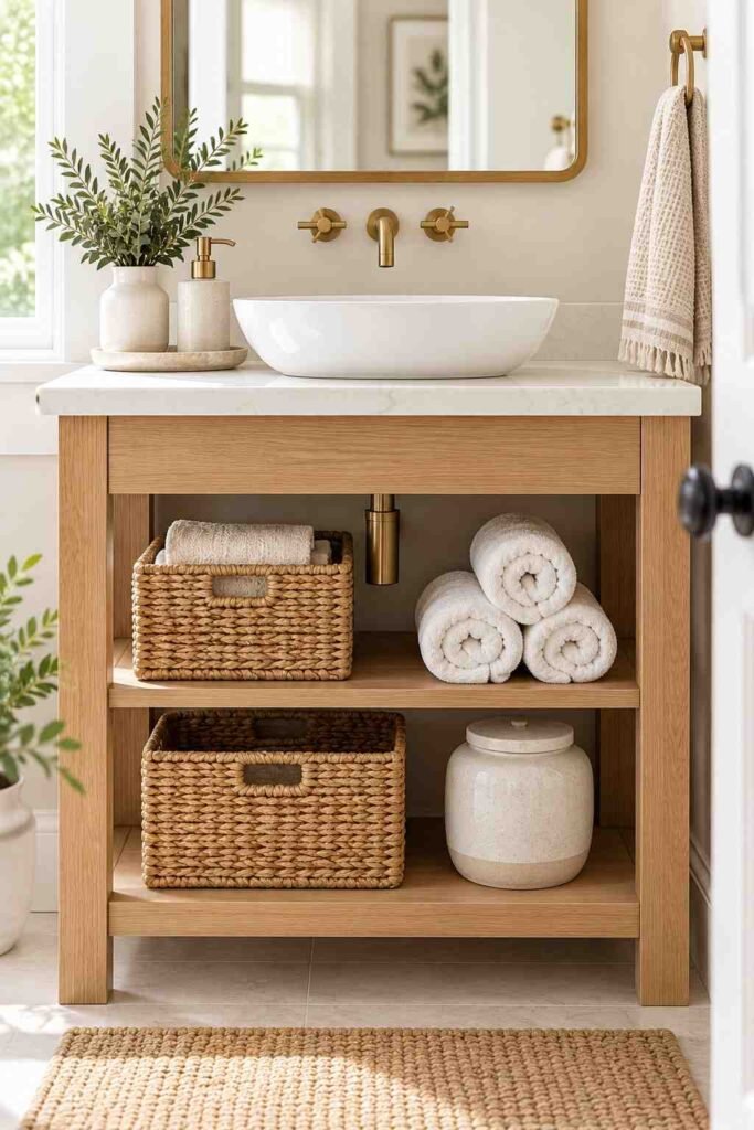 Open shelves under a bathroom sink with rolled towels and woven baskets.