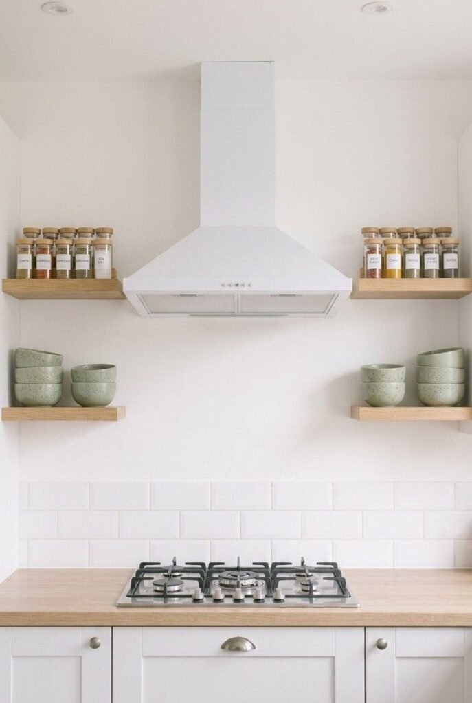 Short wood shelves on both sides of a white range hood holding spice jars