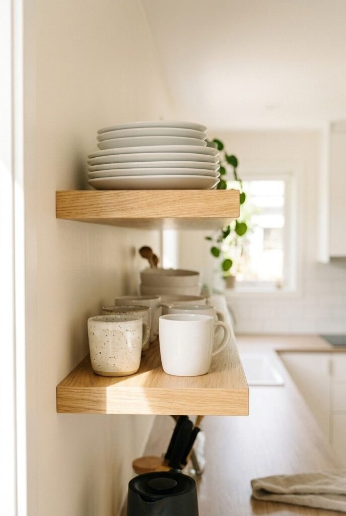 Wood open shelf with stacked white bowls and mugs in soft morning light