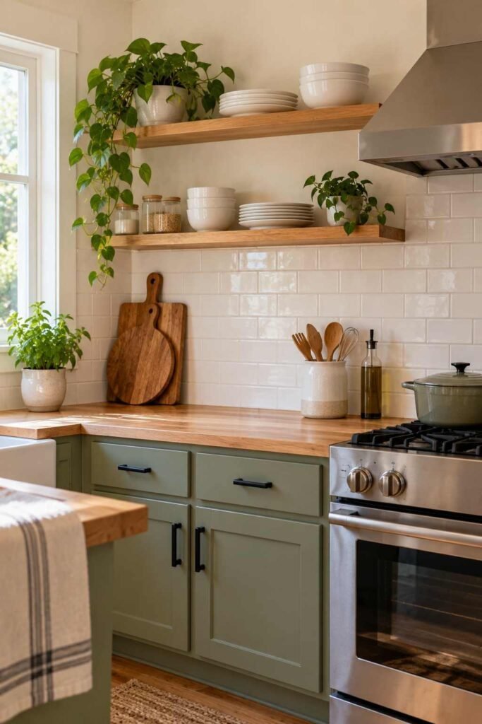 Open wood shelves above an affordable peel-and-stick subway tile backsplash.