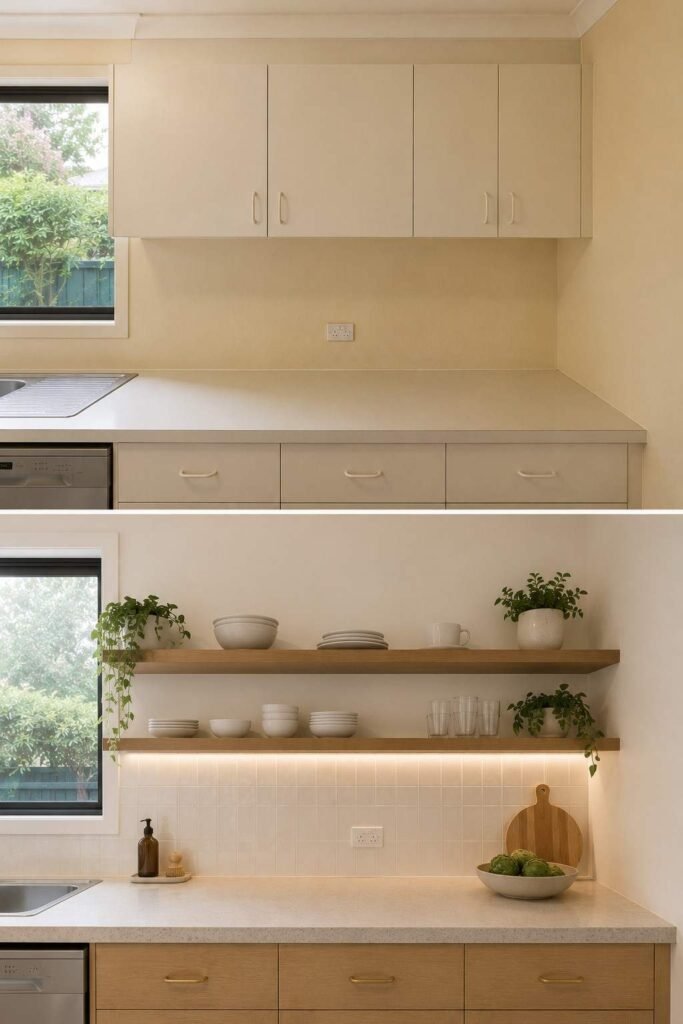 Home Remodeling Before and After: 28 Room-by-Room Transformations 5 Kitchen wall before and after open shelving, ceramic tile backsplash and warm under-shelf lighting.