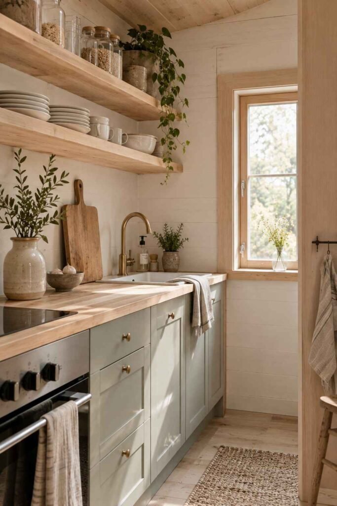 Compact shed kitchen with open wood shelves and butcher-block counter.