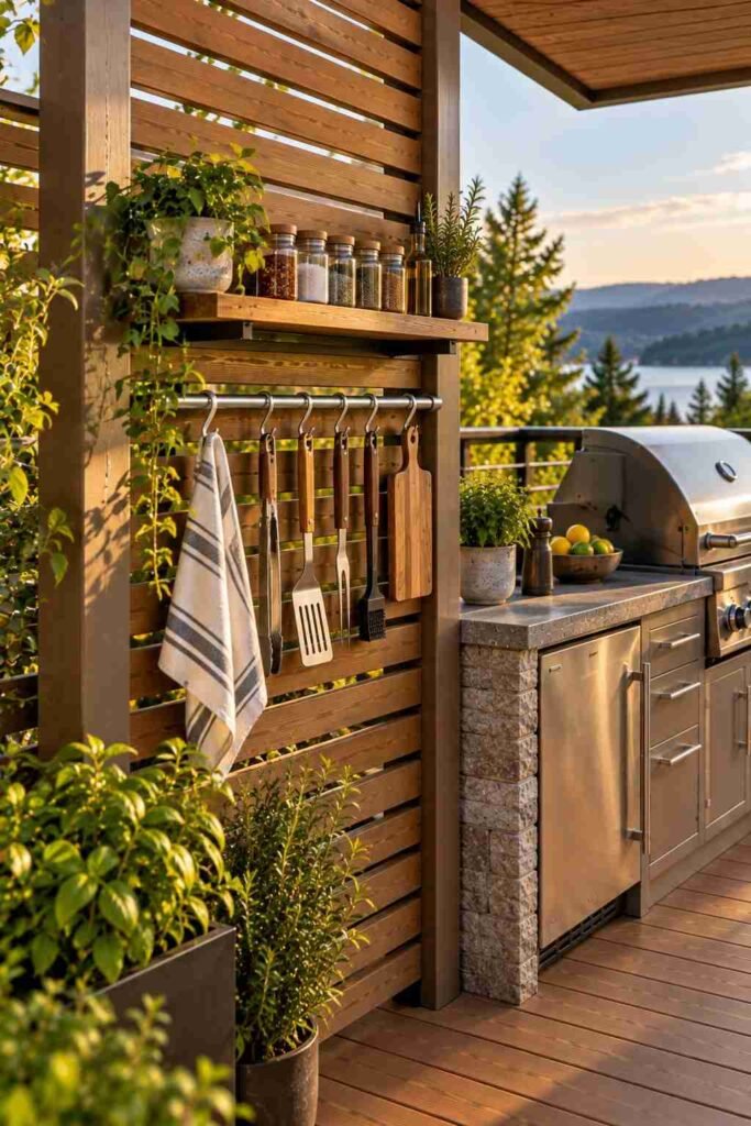 30 Outdoor Kitchen Ideas on Deck: Smart Layouts, Materials for Small, Mid-Size, and Large Spaces 20 Open shelving with stainless hooks beside a slatted privacy screen on a deck kitchen.