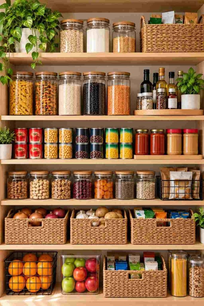 Open Shelving Pantry Kitchen Ideas: 30 Layouts, Storage Tricks and Styling Tips 2 Open pantry shelves with labeled jars and cans all visible at a glance.