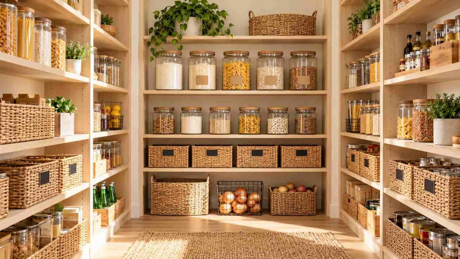 open shelving pantry kitchen ideas, Organized walk-in pantry with blonde wood open shelves, glass jars and baskets