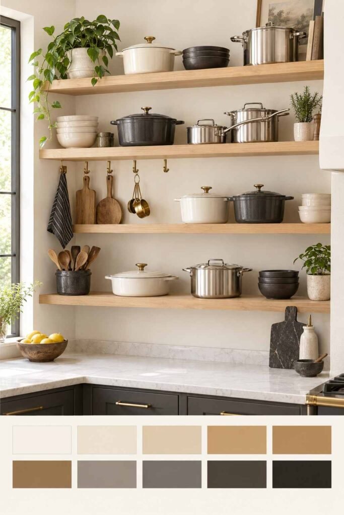 Open wood shelves holding pots and pans on a warm white wall; swatch strip shows blonde wood, brass and charcoal